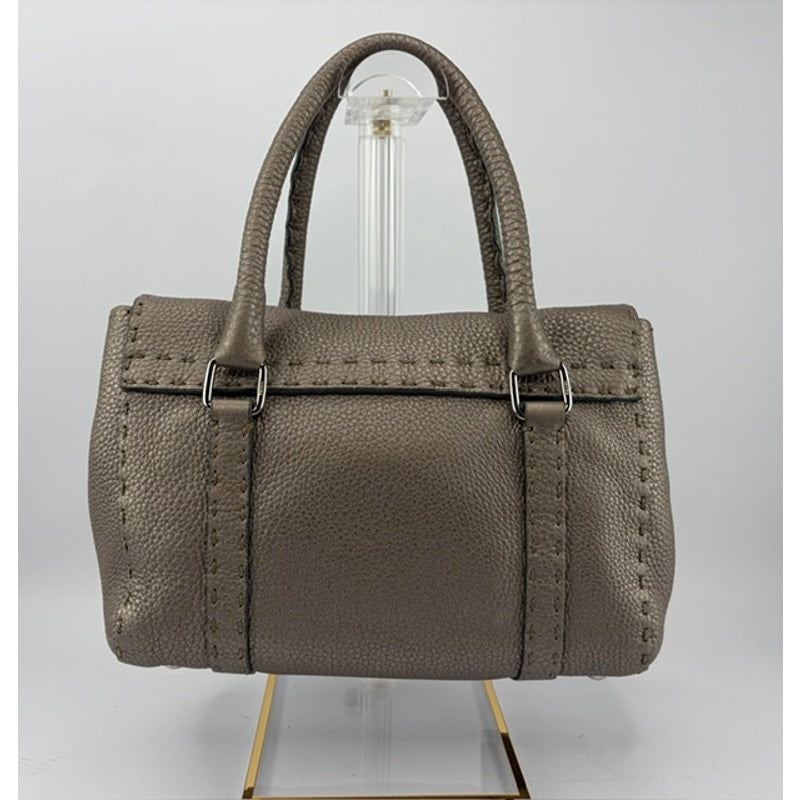 Fendi Selleria Mini Linda Metallic Pewter Pebbled Leather Satchel Sterling Tag