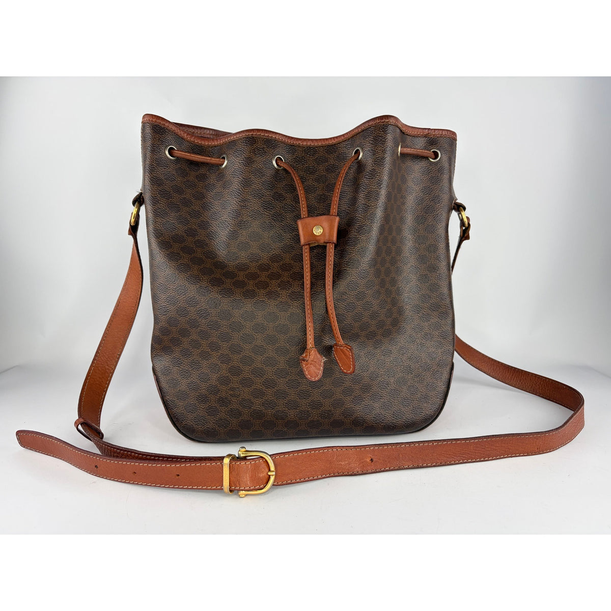 Celine Macadam Drawstring Bucket Bag Brown Coated Canvas Crossbody Vintage