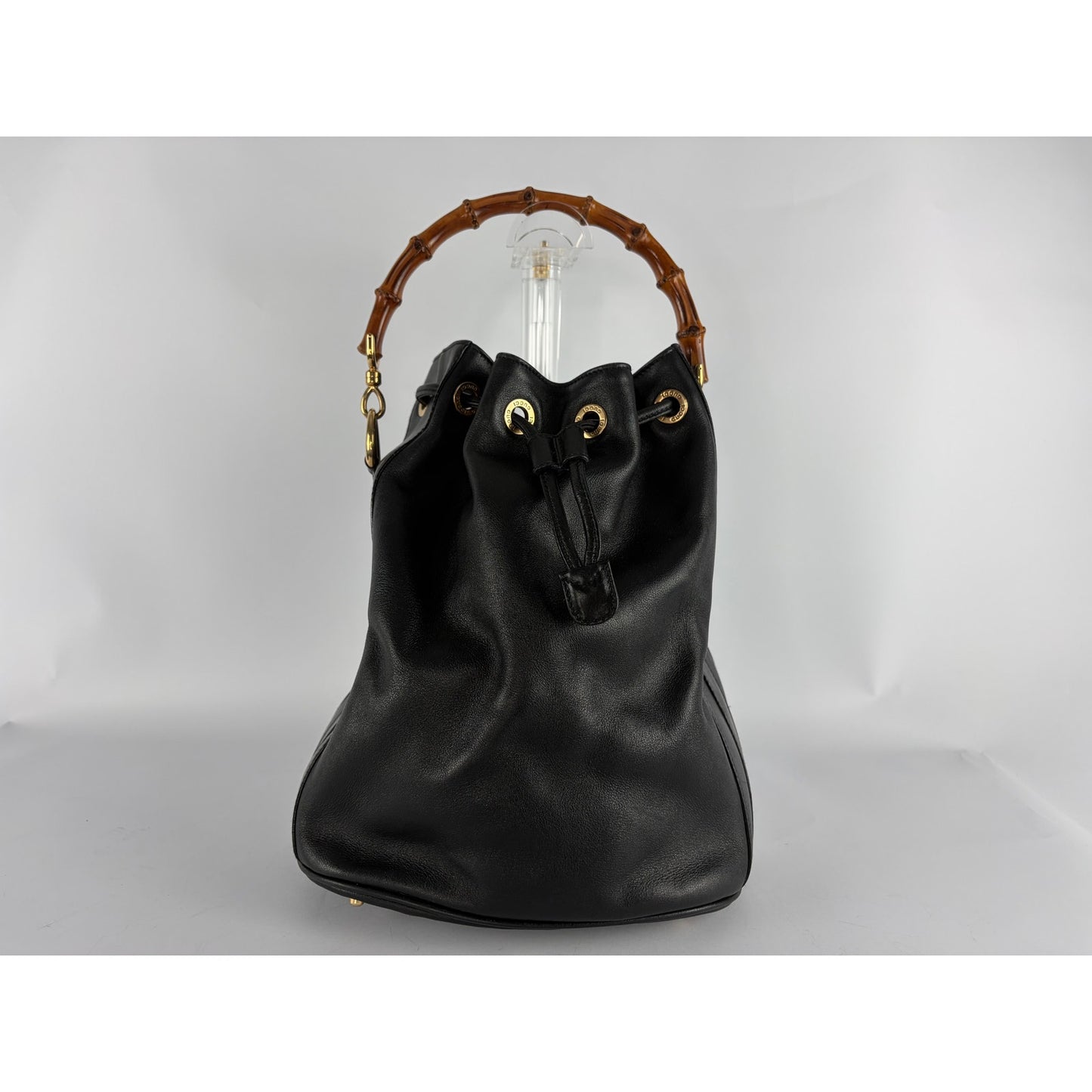 Gucci Bamboo Drawstring Bucket Bag Black Leather Shoulder Crossbody Vintage
