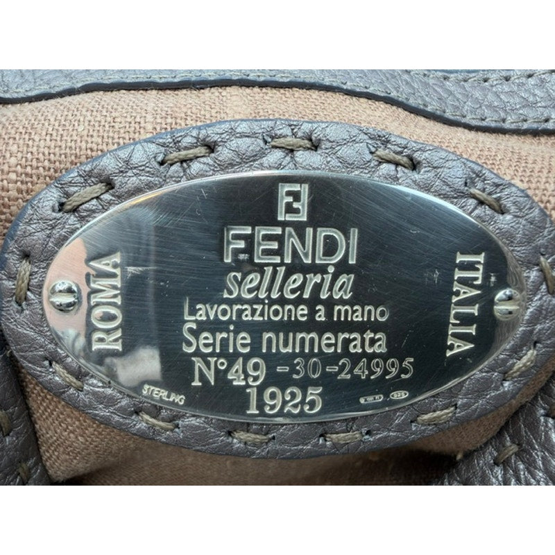 Fendi Selleria Mini Linda Metallic Pewter Pebbled Leather Satchel Sterling Tag
