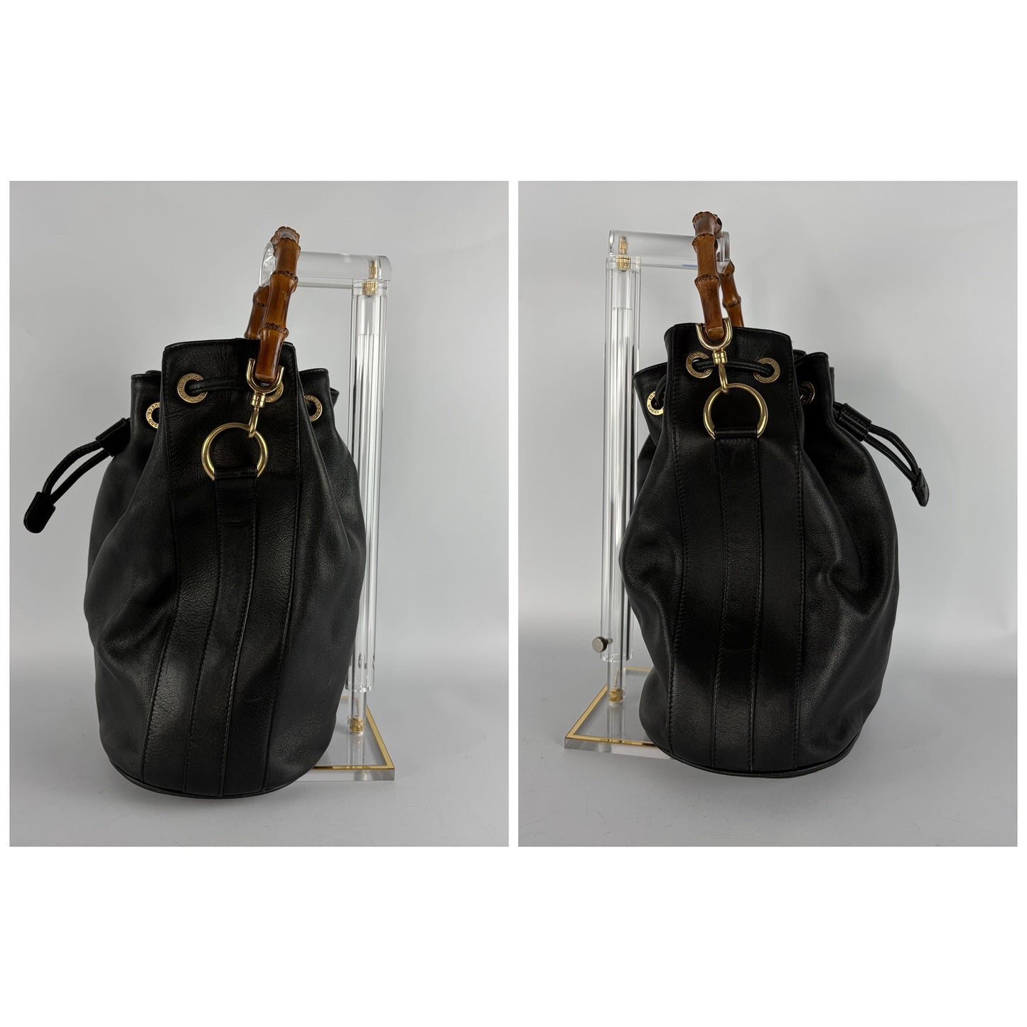 Gucci Bamboo Drawstring Bucket Bag Black Leather Shoulder Crossbody Vintage