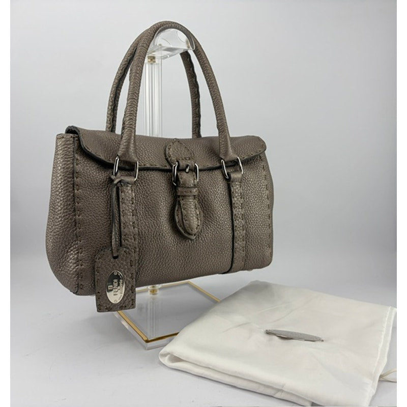 Fendi Selleria Mini Linda Metallic Pewter Pebbled Leather Satchel Sterling Tag