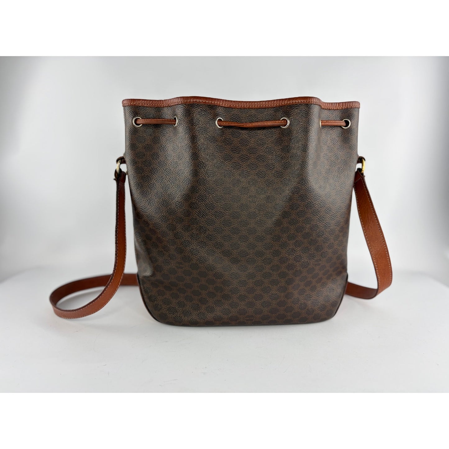Celine Macadam Drawstring Bucket Bag Brown Coated Canvas Crossbody Vintage