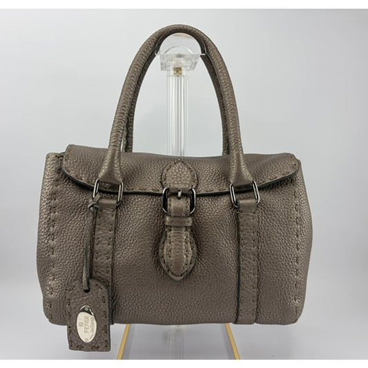 Fendi Selleria Mini Linda Metallic Pewter Pebbled Leather Satchel Sterling Tag