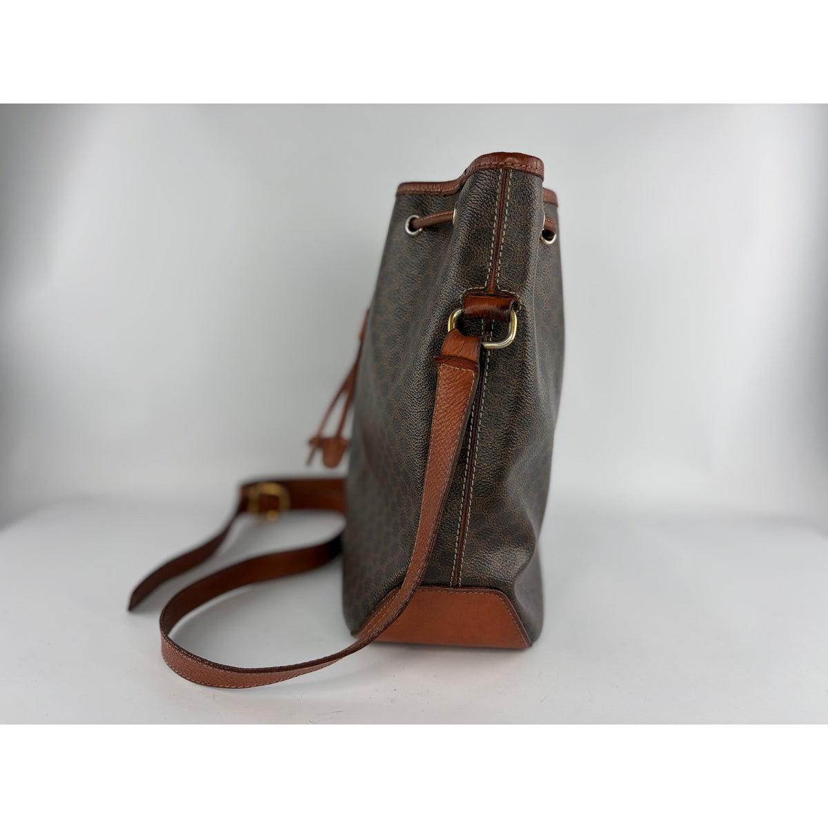 Celine Macadam Drawstring Bucket Bag Brown Coated Canvas Crossbody Vintage