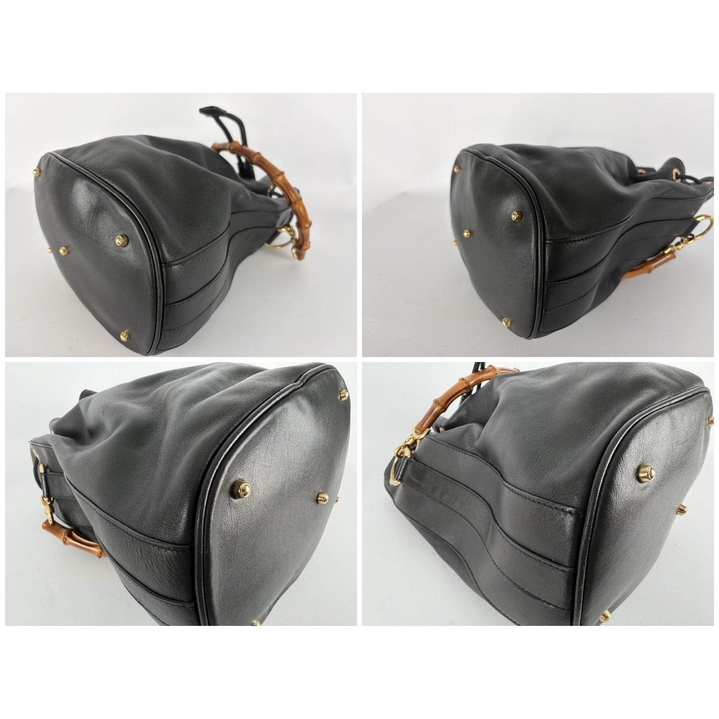 Gucci Bamboo Drawstring Bucket Bag Black Leather Shoulder Crossbody Vintage