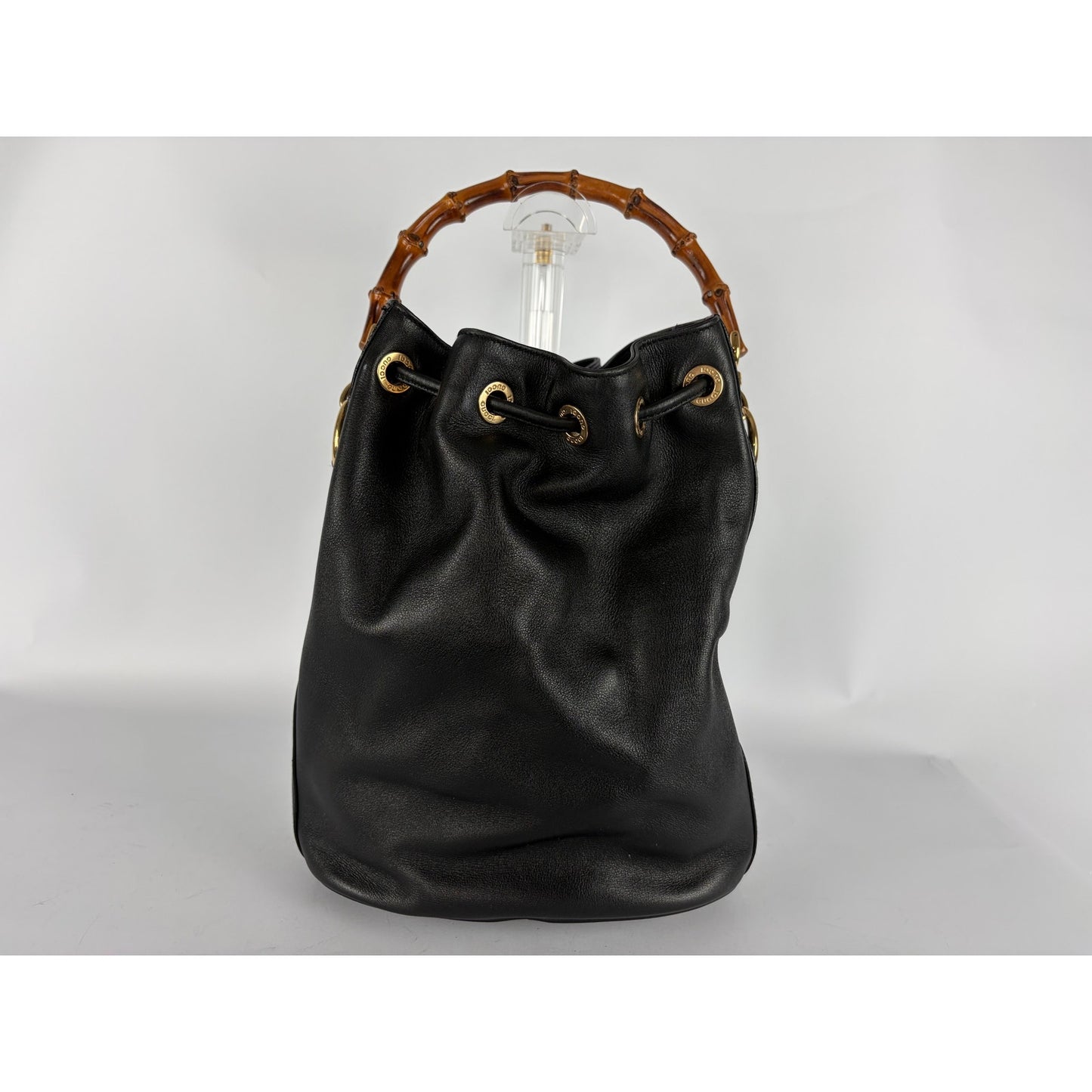 Gucci Bamboo Drawstring Bucket Bag Black Leather Shoulder Crossbody Vintage