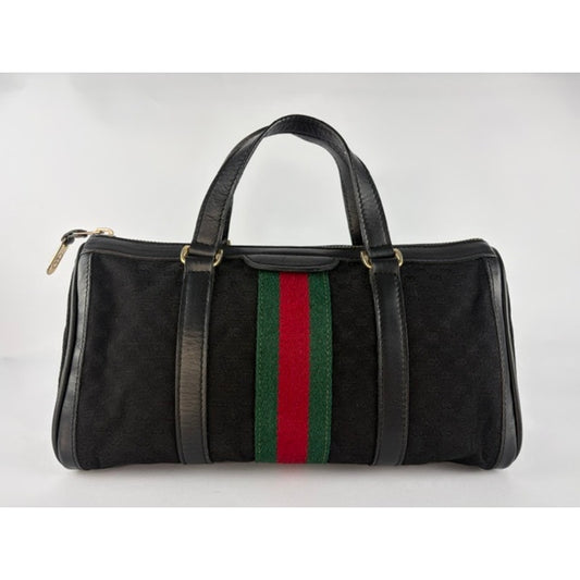 GUCCI Vintage Black GG Canvas Sherry Line Web Boston Bag w/ Strap