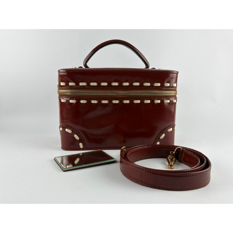 Valextra Burgundy Polished Calfskin Vanity Case Box Bag with Mirror & Strap