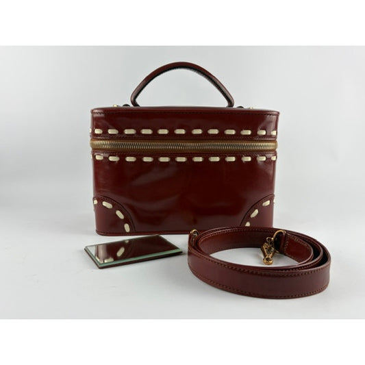 Valextra Burgundy Polished Calfskin Vanity Case Box Bag with Mirror & Strap