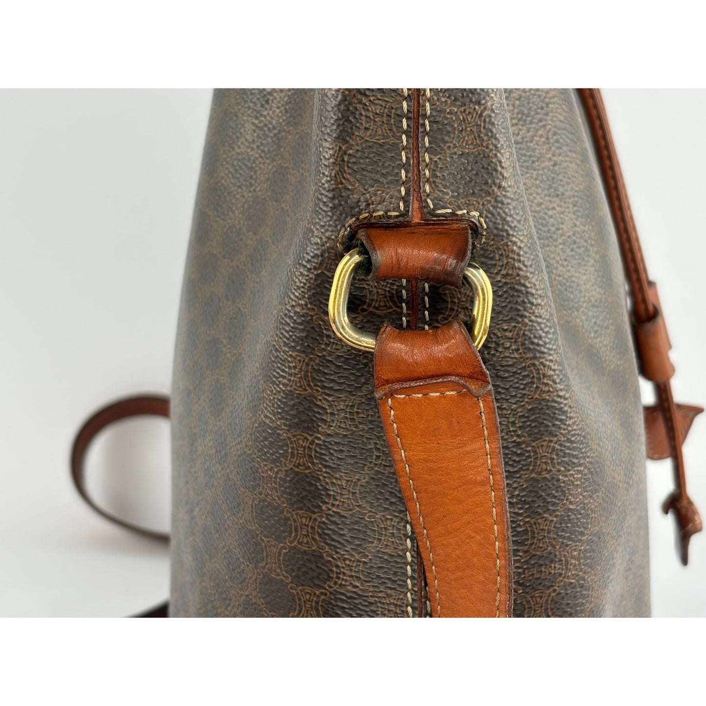 Celine Macadam Drawstring Bucket Bag Brown Coated Canvas Crossbody Vintage