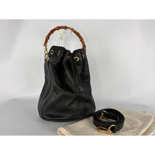 Gucci Bamboo Drawstring Bucket Bag Black Leather Shoulder Crossbody Vintage