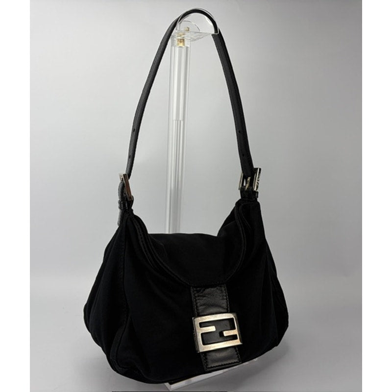 Fendi Mamma Baguette Black Jersey Hobo Shoulder Bag FF Buckle Silver Hardware