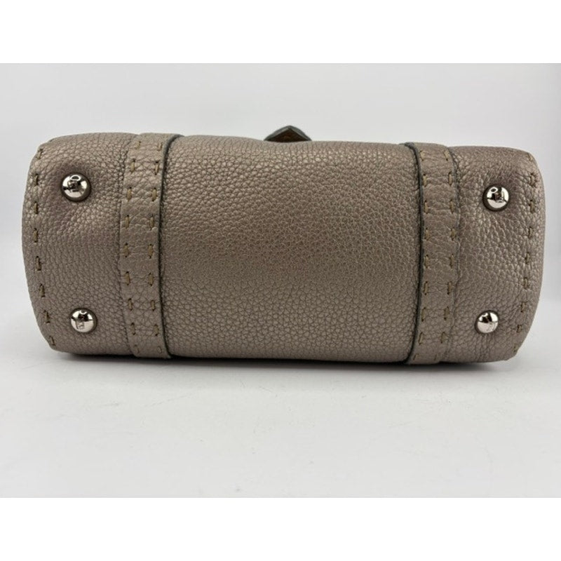Fendi Selleria Mini Linda Metallic Pewter Pebbled Leather Satchel Sterling Tag