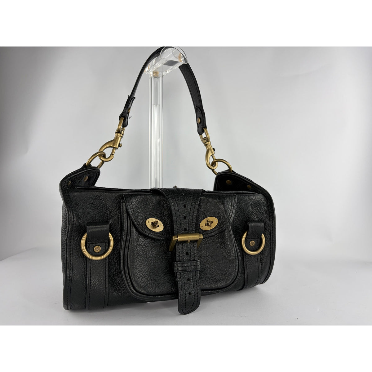 Mulberry Vintage Emmy Black Grained Leather Shoulder Bag Brass Hardware Twin Turnlock