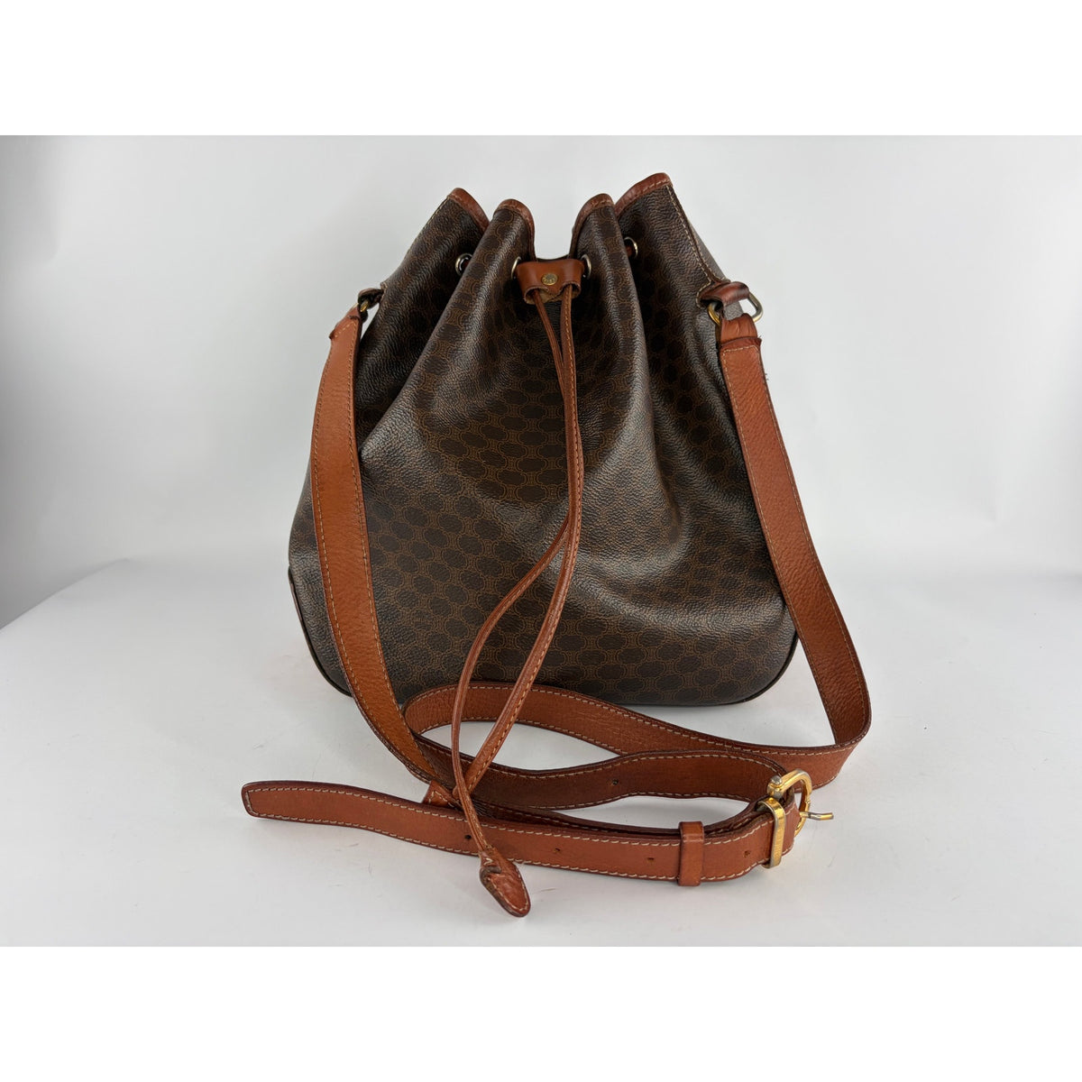 Celine Macadam Drawstring Bucket Bag Brown Coated Canvas Crossbody Vintage