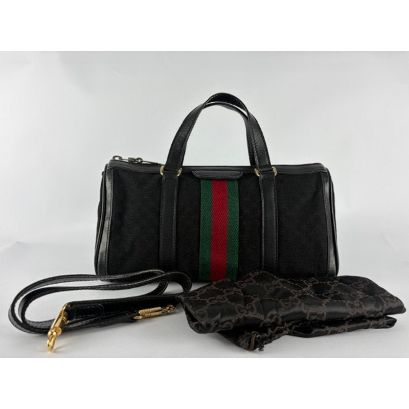 GUCCI Vintage Black GG Canvas Sherry Line Web Boston Bag w/ Strap
