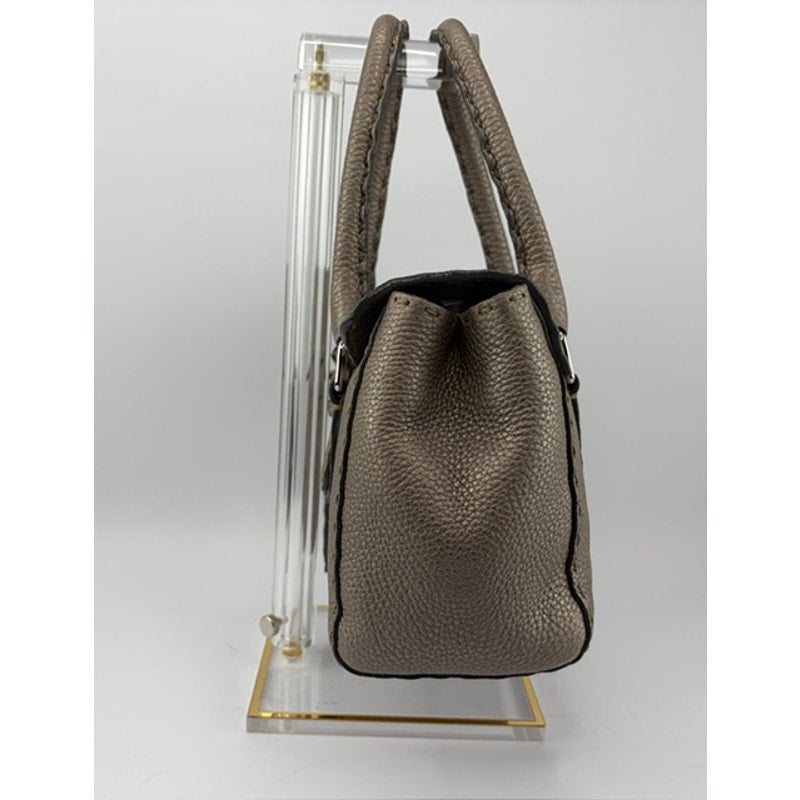 Fendi Selleria Mini Linda Metallic Pewter Pebbled Leather Satchel Sterling Tag