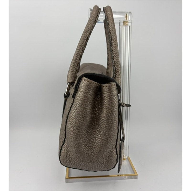 Fendi Selleria Mini Linda Metallic Pewter Pebbled Leather Satchel Sterling Tag