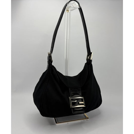 Fendi Mamma Baguette Black Jersey Hobo Shoulder Bag FF Buckle Silver Hardware