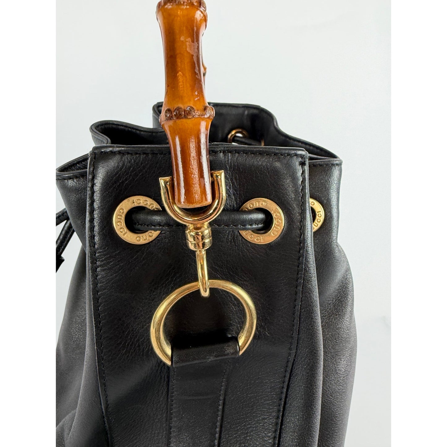 Gucci Bamboo Drawstring Bucket Bag Black Leather Shoulder Crossbody Vintage