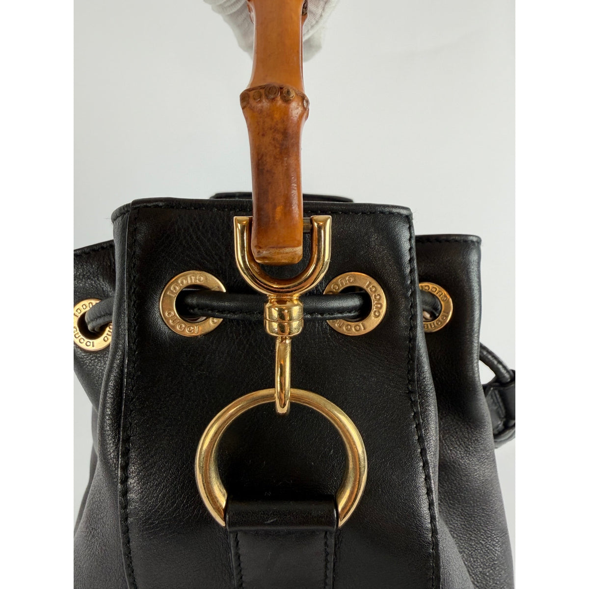 Gucci Bamboo Drawstring Bucket Bag Black Leather Shoulder Crossbody Vintage