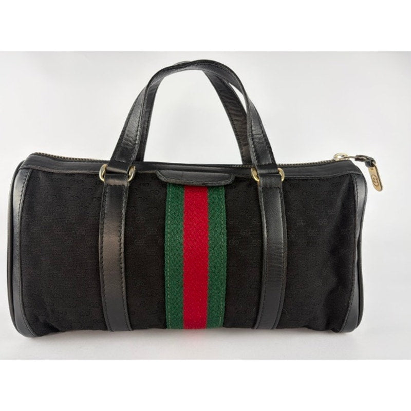 GUCCI Vintage Black GG Canvas Sherry Line Web Boston Bag w/ Strap