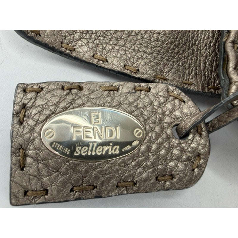 Fendi Selleria Mini Linda Metallic Pewter Pebbled Leather Satchel Sterling Tag