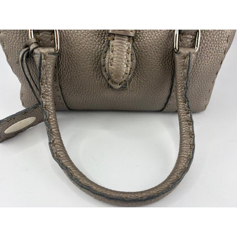 Fendi Selleria Mini Linda Metallic Pewter Pebbled Leather Satchel Sterling Tag
