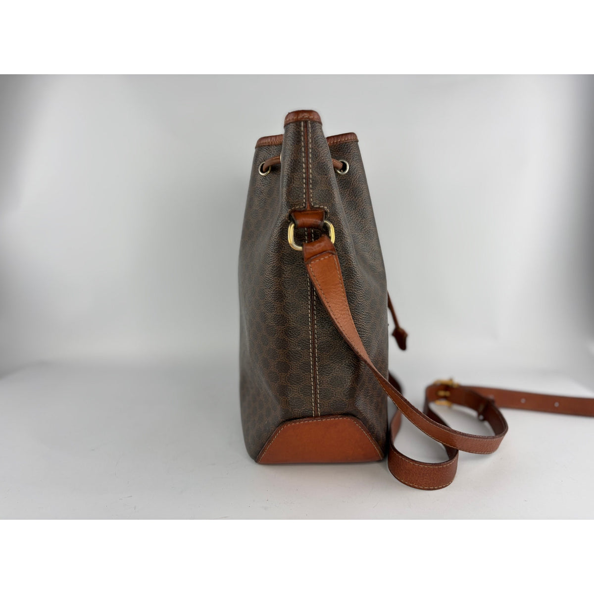 Celine Macadam Drawstring Bucket Bag Brown Coated Canvas Crossbody Vintage